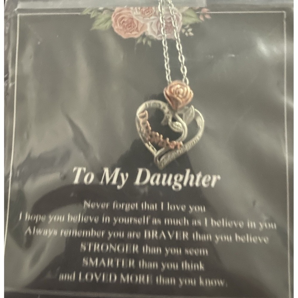 Inspiration Daughter Necklace Heart Rose Pendant Adjustable Silver Plated Chain